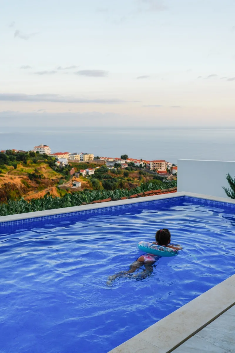 A quiet morning by the pool, the Atlantic below